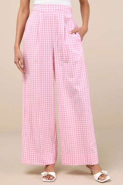 Lulus Delphine Pink And White Gingham Wide-leg Pants In Pink And White