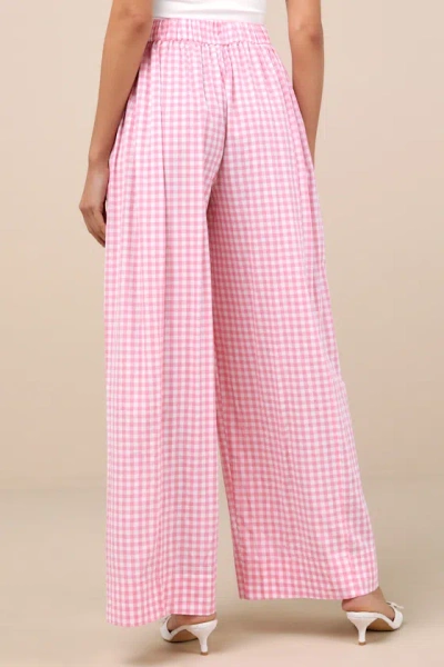 Lulus Delphine Pink And White Gingham Wide-leg Pants In Pink And White