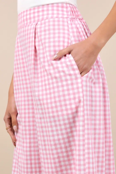 Lulus Delphine Pink And White Gingham Wide-leg Pants In Pink And White