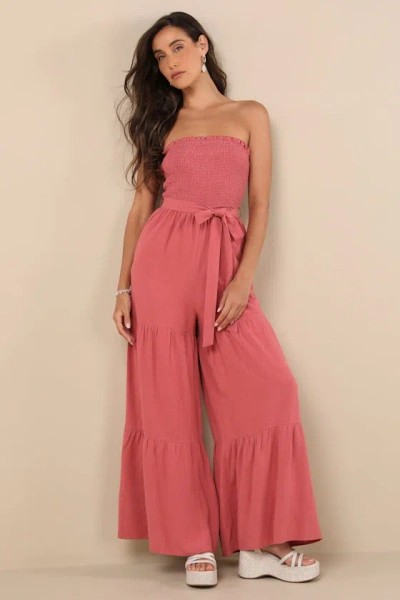 Lulus Effective Charm Rusty Rose Linen Strapless Jumpsuit In Pink