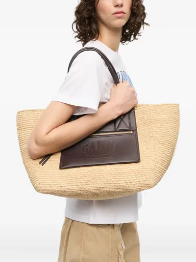 Ganni Elisabetta Franchi Ribbed Knit Top With Breast Pocket In Neutrals