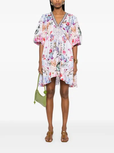 Camilla V-neck Puff Sleeve Short Dress In White