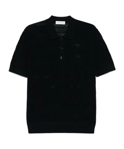 Dries Van Noten Short Sleeve Black Polo In Striped Mesh Knit In Navy Blue