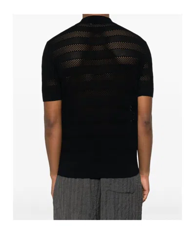 Dries Van Noten Short Sleeve Black Polo In Striped Mesh Knit In Navy Blue