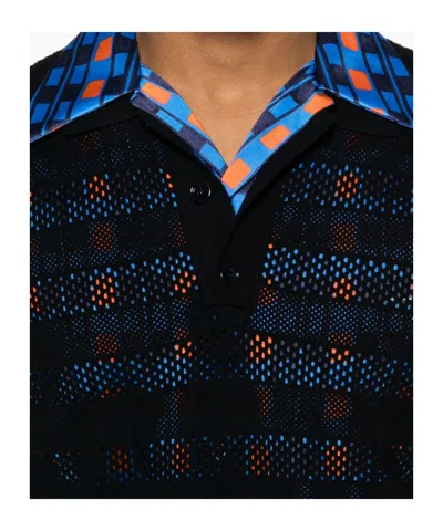Dries Van Noten Short Sleeve Black Polo In Striped Mesh Knit In Navy Blue