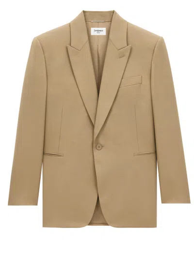 Saint Laurent Wool Gabardine Single-breasted Jacket In Neutrals