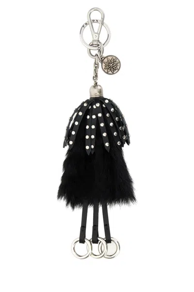 Prada Calf Hair And Leather Keyring With Fur Detailing In Black