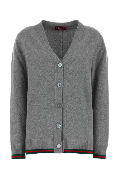 Gucci Wool And Cashmere Cardigan With Web Band In Grey