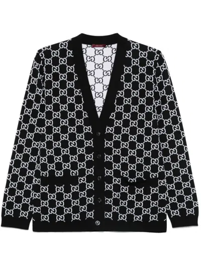 Gucci Black Reversible Cardigan With V Neck In Gg Canvas Woman
