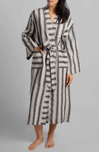 Parachute Stripe Linen Robe In Natural With Soft Black