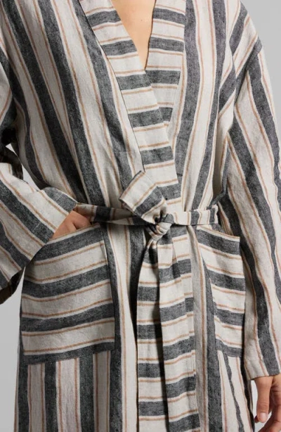 Parachute Stripe Linen Robe In Natural With Soft Black