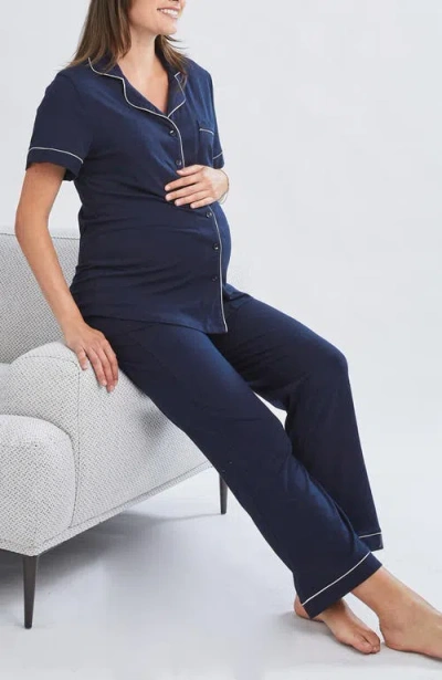 Angel Maternity Maternity And Nursing Button Front Pajama Set In Navy