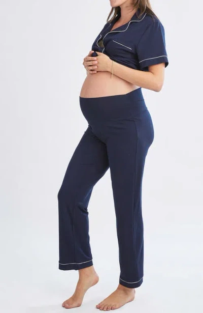 Angel Maternity Maternity And Nursing Button Front Pajama Set In Navy