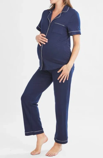 Angel Maternity Maternity And Nursing Button Front Pajama Set In Navy
