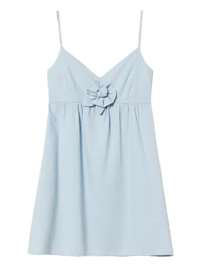 Twinset Short Chambray Dress With Rose Appliqué In Blue