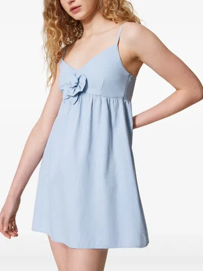 Twinset Short Chambray Dress With Rose Appliqué In Blue
