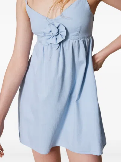 Twinset Short Chambray Dress With Rose Appliqué In Blue