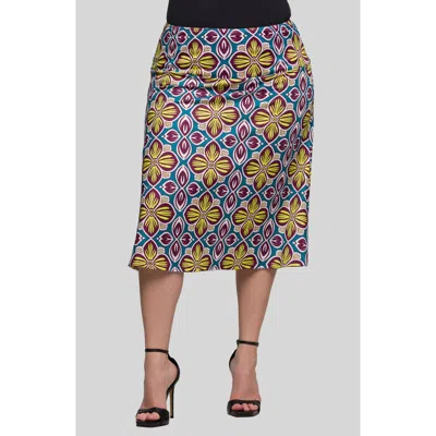 24seven Comfort Apparel Plus Size Print Comfortable Elastic Waist Knee Length Skirt In Yellow Multi