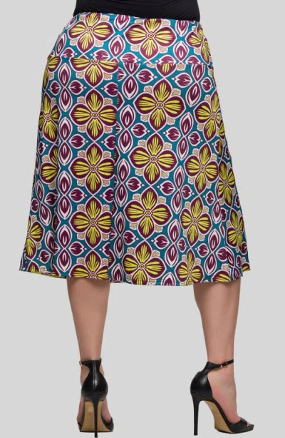 24seven Comfort Apparel Plus Size Print Comfortable Elastic Waist Knee Length Skirt In Yellow Multi