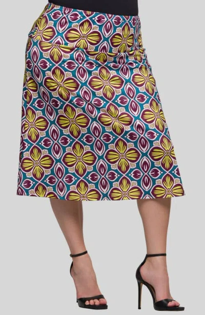 24seven Comfort Apparel Plus Size Print Comfortable Elastic Waist Knee Length Skirt In Yellow Multi