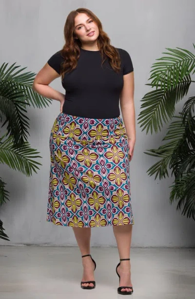 24seven Comfort Apparel Plus Size Print Comfortable Elastic Waist Knee Length Skirt In Yellow Multi