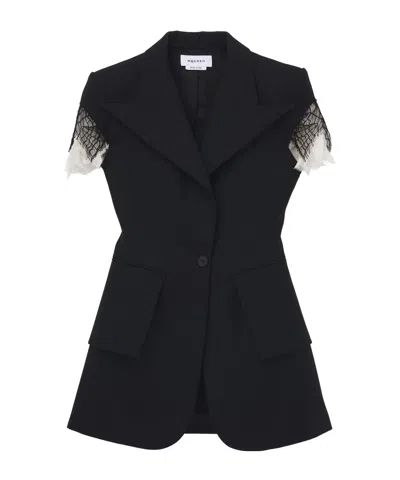 Alexander Mcqueen Asymmetrical Tailored Jacket With Lace Detailing In Black