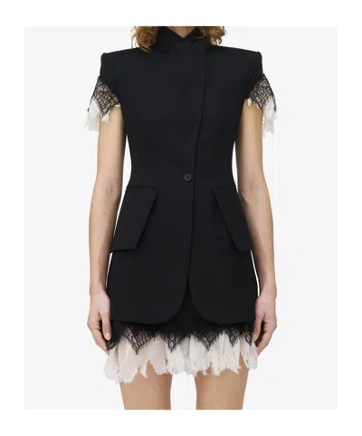 Alexander Mcqueen Asymmetrical Tailored Jacket With Lace Detailing In Black