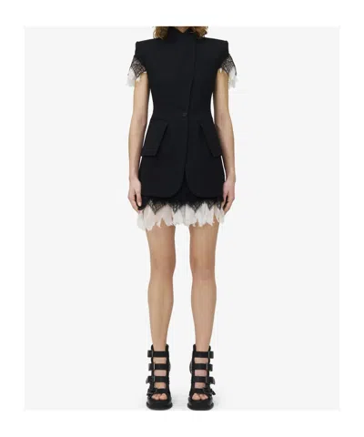 Alexander Mcqueen Asymmetrical Tailored Jacket With Lace Detailing In Black
