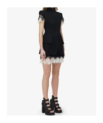 Alexander Mcqueen Asymmetrical Tailored Jacket With Lace Detailing In Black