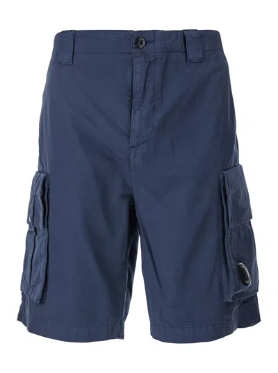 C.p. Company Blue Bermuda Pants With Belt Loops And Two Maxi Patch Pockets On The Side In Blu
