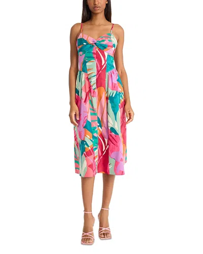 Donna Morgan Printed Twist Front Midi Dress In Fuchsia/ Teal