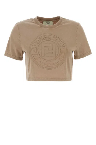 Fendi Beige Washed-out Cropped T-shirt With Logo In Neutral