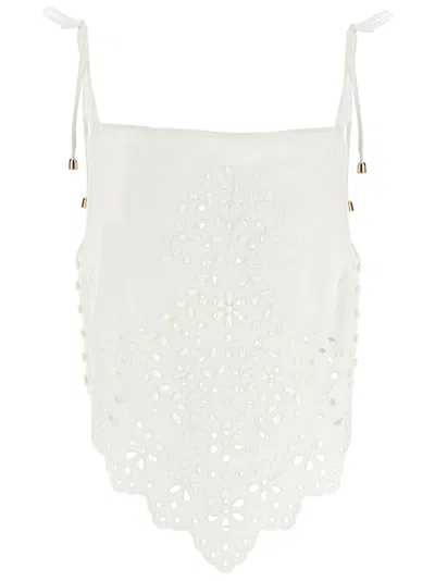 Self-portrait White Top With Asymmetric Hem And All-over Embroidery In Cotton Woman In White