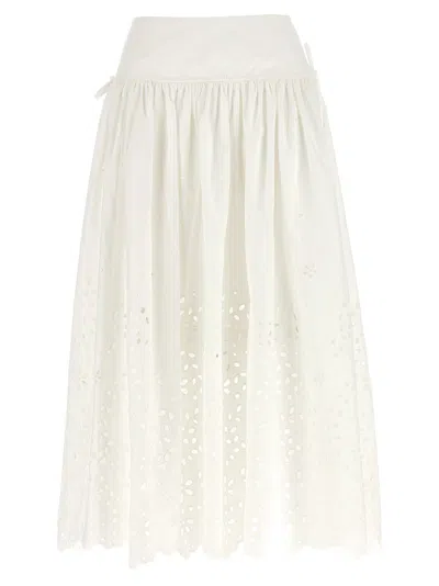 Self-portrait White Midi Skirt With Side Gathered Details And All-over Embroidery