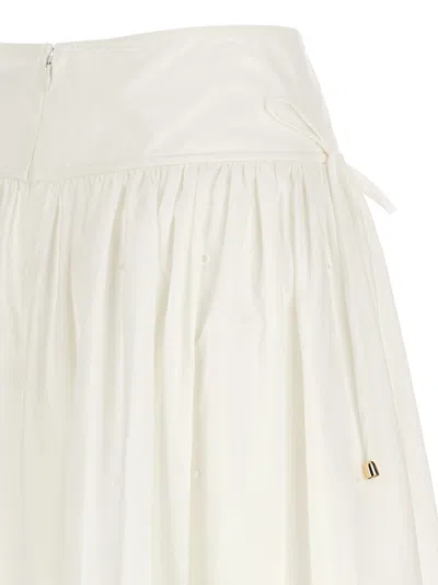 Self-portrait White Midi Skirt With Side Gathered Details And All-over Embroidery