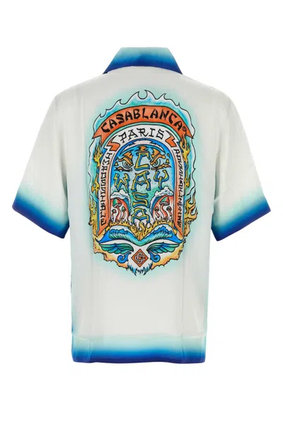 Casablanca White Shirt With Cuban Collar And Maxi Logo Printed On The Back In Casawayskate