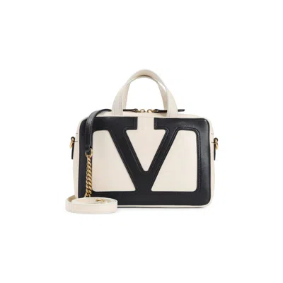 Valentino Small Nappa Leather Top Handle Bag In Butter White Nero