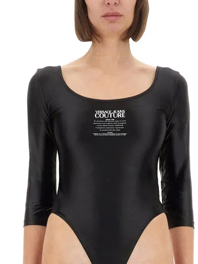 Versace Jeans Couture Bodysuit With Scoop Neckline And Three-quarter Sleeves In Black