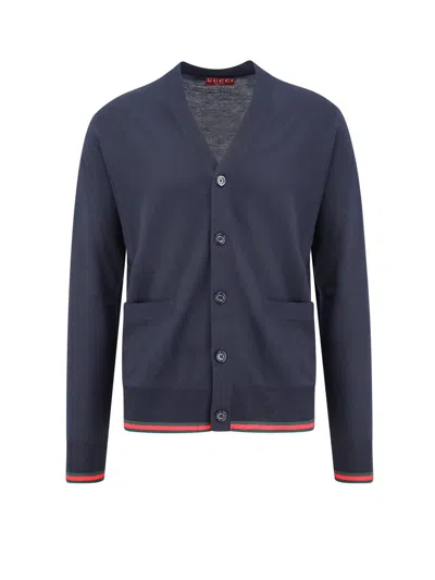 Gucci V-neck Long-sleeved Cardigan In Blue
