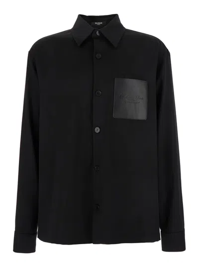 Balmain Men Black Shirt With Classic Collar And Logo Detail On The Pocket In Wool Stretch Man In Black