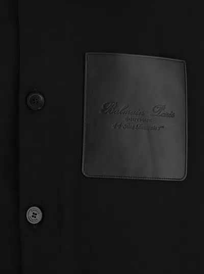 Balmain Men Black Shirt With Classic Collar And Logo Detail On The Pocket In Wool Stretch Man In Black