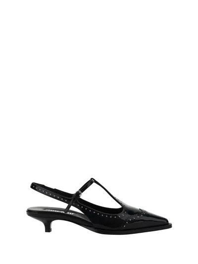 Miu Miu Women Leather Brogue Slingback T-strap Pumps In Black