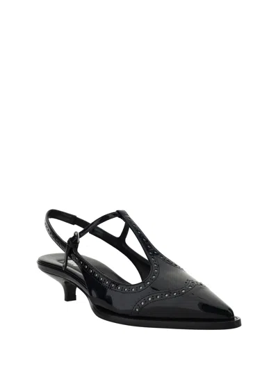 Miu Miu Women Leather Brogue Slingback T-strap Pumps In Black