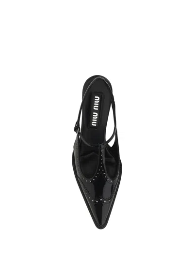Miu Miu Women Leather Brogue Slingback T-strap Pumps In Black