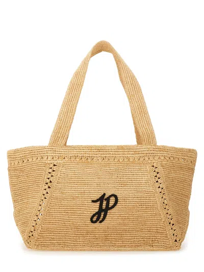 Patou Structured Raffia Tote Bag With Intricate Detailing In Brown