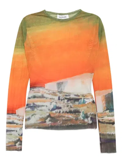 Monse Ombre Print Mesh Long Sleeve Top In Orange