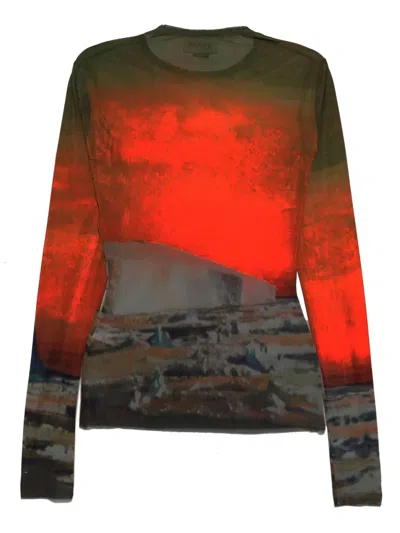 Monse Ombre Print Mesh Long Sleeve Top In Orange