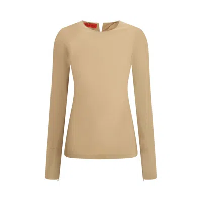 The Latest Long-sleeve Stretch Cotton Top With Flared Hem In Beige