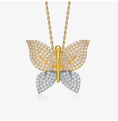 Rachel Glauber Two-tone With Cubic Zirconia Butterfly Pendant Necklace In White