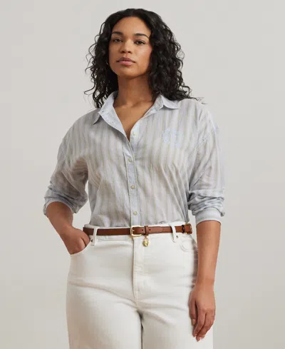 Ralph Lauren Plus Size Oversize Striped Cotton Voile Shirt In Light Blue Pink Multi
